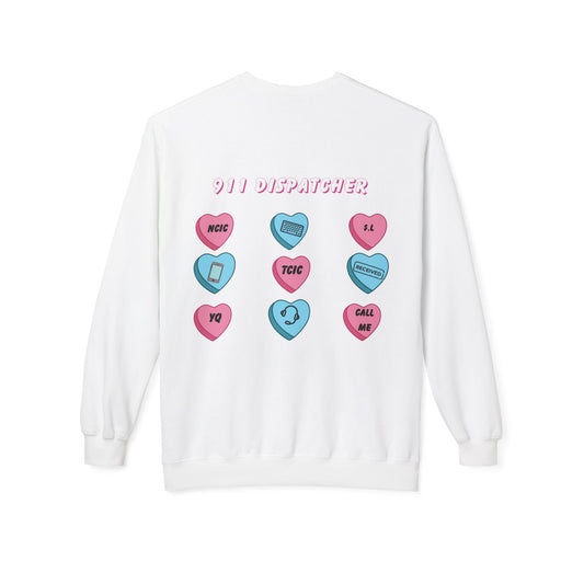 Conversation Hearts Crewneck Sweatshirt — '911 Unanswered' Retro Candy Heart Design