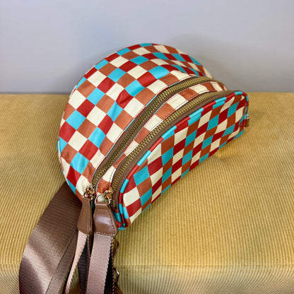 The Roni Nylon Crossbody - Camel Aqua Checker